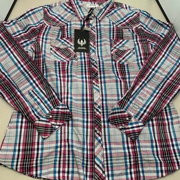 Adiktd Shirt Adult XXL Plaid Embroidered Beaded Pearl Snap New Women - Picture 3 of 9